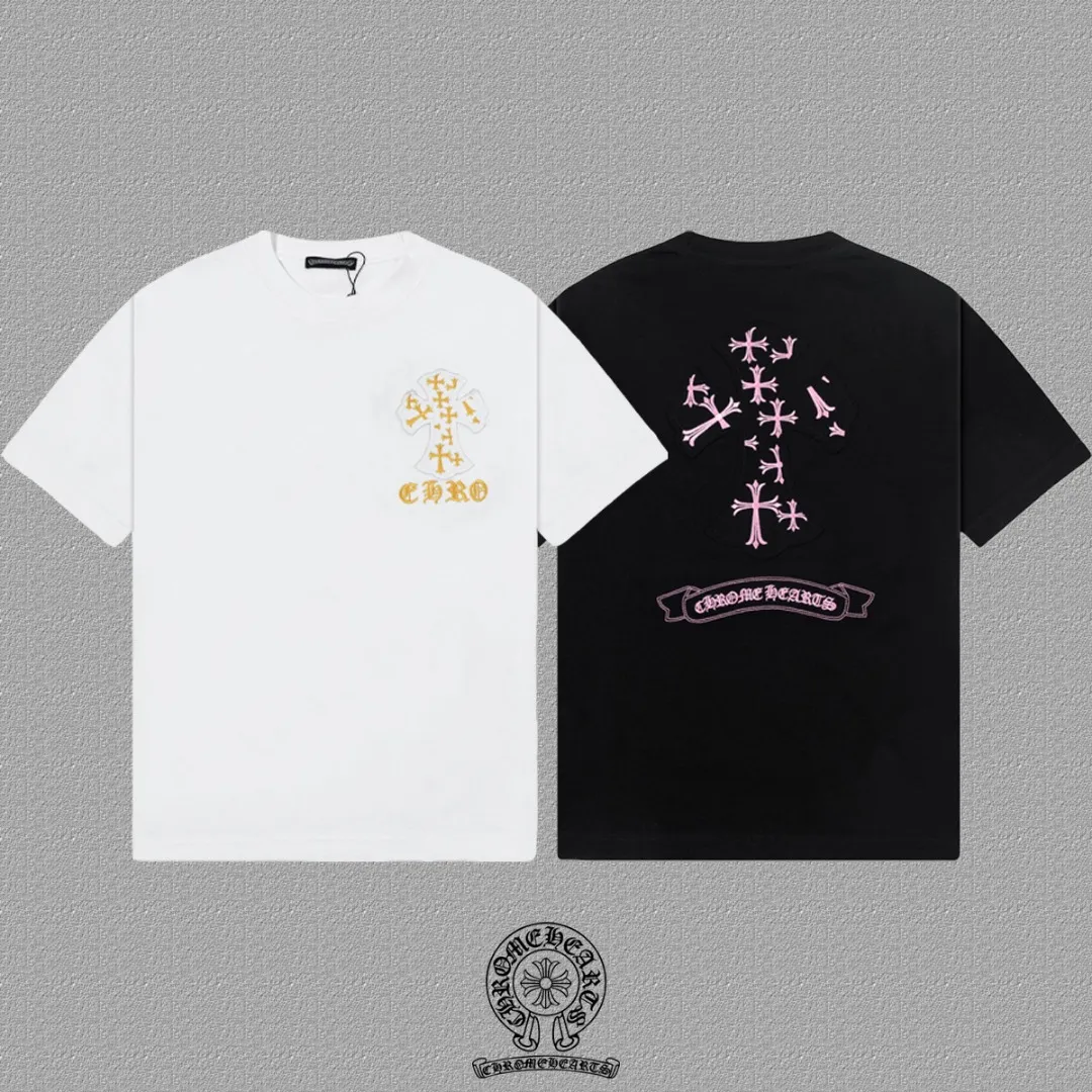 🅿️200 [CH Crow Heart] 2025FW short-sleeved T-shirt, patch embroidery, high-end 26s double yarn 300g fabric, heavy fabric, custom stretcher rib, same cylinder and dye, complete three standards, same style for men and women, color: black, white, size: S M L XL 2XL
